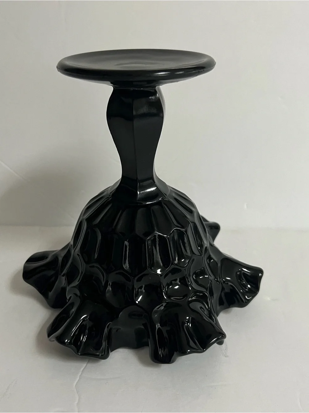 Glossy Black Ruffled Pedestal Compote